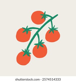 Cherry Tomato Branch Vine. Simple Pomodoro Tomatoes Vegetable. Hand Drawn Vector Illustration