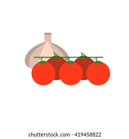 Cherry tomato with fresh garlic vector illustration. Vegetable for salad.