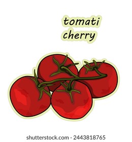 Tomate cereza. Verduras. Pegatina de tomate de cereza dibujada a mano, ilustración vectorial en estilo doodle.