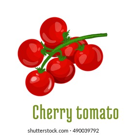 Cherry Tomato Vegetable Icon. Bunch Of Cherry Tomatoes On Stem With Leaves. Fresh Food Product Element For Sticker, Grocery Shop, Farm Store Element