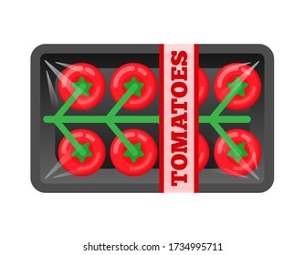 cherry tomatoes bunch   in transparent package foam tray isolated on white background