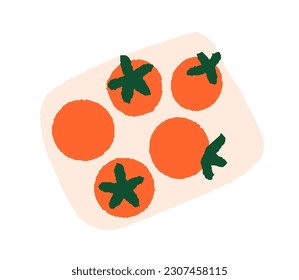Cherry tomatoes, fresh ripe red vegetables. Healthy small veggies, fruits with leaf peduncle on plate, board, top view. Natural vitamin food. Flat vector illustration isolated on white background
