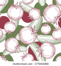 Tomates cerezos y pepinos verdes. Fondo de patrón sin foco con tomates rojos y pepinos. Dibujo estilizado de color vintage. Ilustración del vector