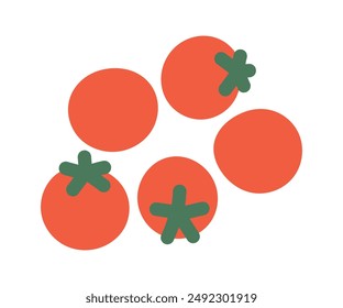 Kirschtomaten, saftige reife Tomaten, vegetarische Bio-Lebensmittel, gesundes kleines Gemüse, frisches Volltomatengemüse, gesunde Ernährung, natürliche Vitaminquelle, flache Vektorillustration.
