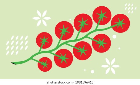 Kirschtomaten auf Branch. Minimale Tomatenzusammensetzung. Abstraktes Gemüse auf grünem Hintergrund. Moderne minimalistische Illustration.