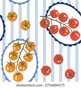 Cherry tomatoes, oval plates, blue and white striped background. Vector illustration. Seamless pattern. Summer trendy design. Vegetable garden