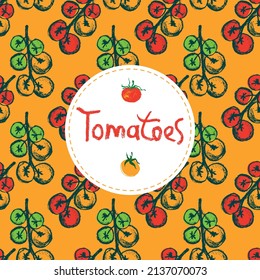 Cherry Tomatoes pattern seamless vector for label catchup or tomato juice packaging. Vegetarian background. Organic vegetables drawings. Ornament for vegan restaurant banner, healthy food flyer — Bio