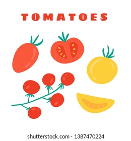 Cherry tomatoes, plum tomatoes hand drawn doodle print. Cartoon vector illustration