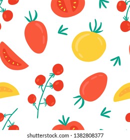 Cherry tomatoes, plum tomatoes and yellow hand drawn doodle pattern. Seamless cartoon vector print