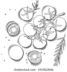 Cherry tomatoes, small, delicious, vegetables. Black and white illustration.