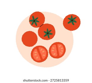 Kirschtomaten. Ganze und schneiden Sie Halbstücke. Frisches Bio-Gemüse. Gesundes natürliches Essen, Draufsicht. Kochen, Gemüse zubereiten. Flache Vektorgrafik einzeln auf weißem Hintergrund