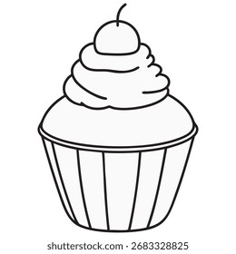 Cherry Topped Cupcake Vector outline on white background