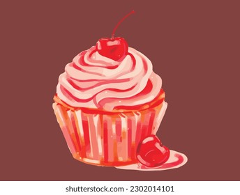 Cherry Topped Cupcakes Cartoon Style Design Isolated Vector Illustration