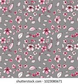 Cherry tree or apple tree blossom seamless pattern. Hand drawn floral leaves and flowers on grey gackground.Vector illustration