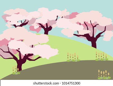 Cherry tree background. Spring landscape. Spring clip art.
Image of cherry tree and spring field.
Season clip art.