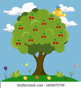 cherry tree with a bird on the background of nature