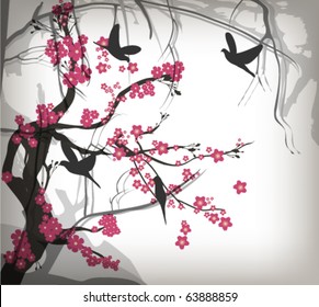 Cherry tree with birds