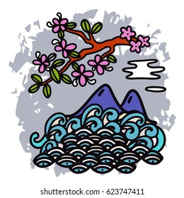 Cherry tree blossom branch, waves, mountains, clouds, hand drawn isolated on white background. Landscape. Watercolor distressed paint spot