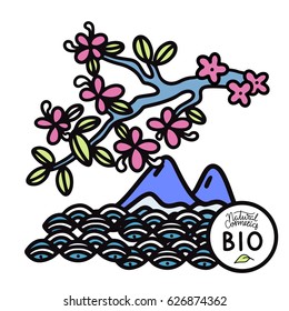 Cherry tree blossom branch, waves, mountains hand drawn isolated on white background. Landscape. Bio, natural cosmetics hand written font. Circle frame