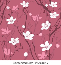 Cherry Tree Blossom seamless pattern vector background. Use for textiles, pillow & interior decoration, web page background, wrapping paper, cosmetics package decoration. Layered, editable design.