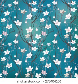 Cherry Tree Blossom seamless pattern vector background. Use for textiles, pillow & interior decoration, web page background, wrapping paper, cosmetics package decoration. Layered, editable design.