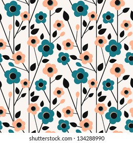 Cherry tree flowers - vector seamless pattern with pink and blue flowers on branches