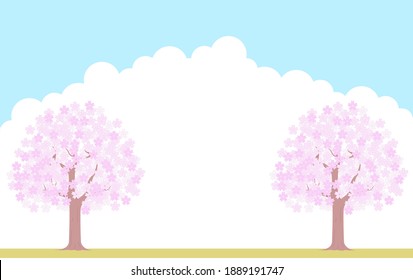 Cherry tree in full bloom, blue sky and cloud background, illustration material