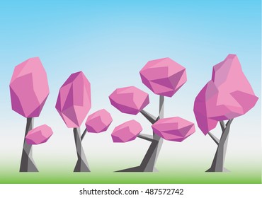 cherry tree illustration set -  low poly style 