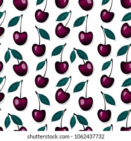 Cherry tree with leaf seamless pattern.  Vector berry texture isolated on white background.