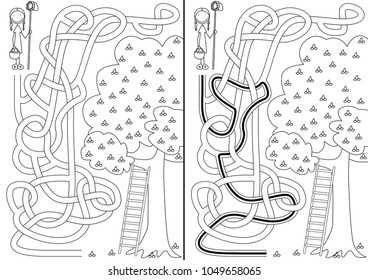 Cherry tree maze for kids with a solution in black and white