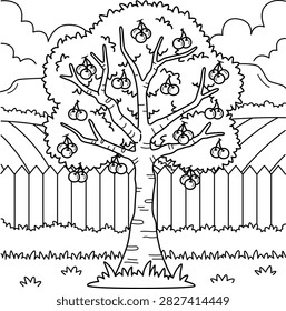 Cherry tree with ripe fruit in orchard behind wooden fence