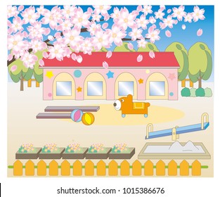 Cherry tree and school landscape - kindergarten