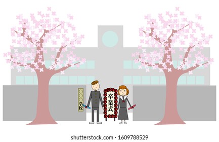 The cherry tree, the school's main gate, and male and female students. Translation: -school, graduation ceremony