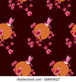 Cherry tree seamless pattern. Spring sakura flower and birds. Japanese or Chinese style.