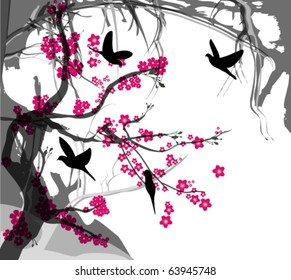 Cherry tree thorns with birds