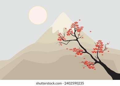 Cherry trees in full bloom. The tree is covered in delicate red petals, which creates a beautiful contrast against the mountain