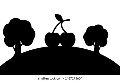 Cherry and trees on a hill, silhouette art image, vector illustration isolated on white background
