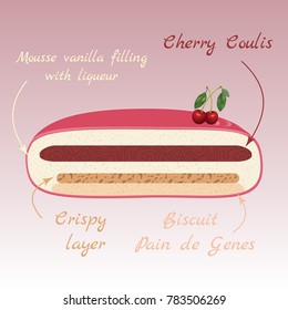 cherry trendy mousse biscuit cake vector