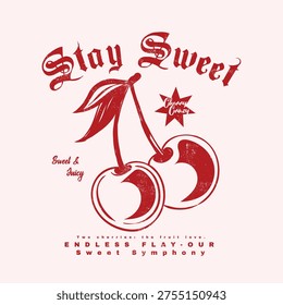Cherry t-shirt design. summer fruit graphics. vintage retro food fashion. girl's fashion graphic artwork. cherry illustration 