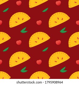 Cherry turnovers, pie, sweet pastry vector seamless pattern background.