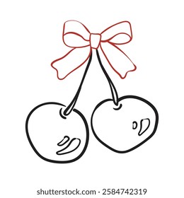 Cherry twig with ribbon and bow drawn by hand. Vintage element in simple sketch style. Trendy artistic symbol in coquette style for wedding invitations. Vector illustration.
