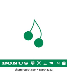Cherry twins icon flat. Green pictogram on white background. Vector illustration symbol and bonus button