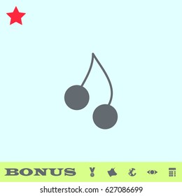Cherry twins icon flat. Grey pictogram on blue background. Vector illustration symbol and bonus buttons medal, cow, earth, eye, calculator