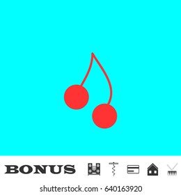 Cherry twins icon flat. Red pictogram on blue background. Vector illustration symbol and bonus buttons Music center, corkscrew, credit card, house, drum