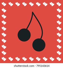 Cherry twins icon flat. Simple black pictogram on red background with white hearts for valentines day. Vector illustration symbol