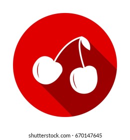 Cherry twins, illustration icon isolated on red background with long shadow. flat icon