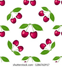 Cherry two berries with leaf seamless pattern isolated on white background. Vector illustration. Surface design