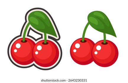 Cherry. Two cherries and a leaf. Vector clipart isolated on white background.