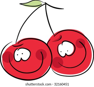 cherry cherry two fruit harvest smile food red fun leaf object duo nurture grinning grin painting shining sparkling glossy caricature vital healthful comic dual shiny image soft illustration item root