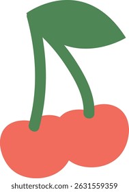 A cherry with two stems and a leaf in flat style. The fruit is depicted with bold shapes and clean lines. Cartoon vector illustration.